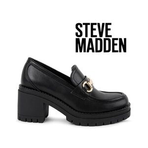 Steve Madden Black Leather Loafers with Gold Horsebit